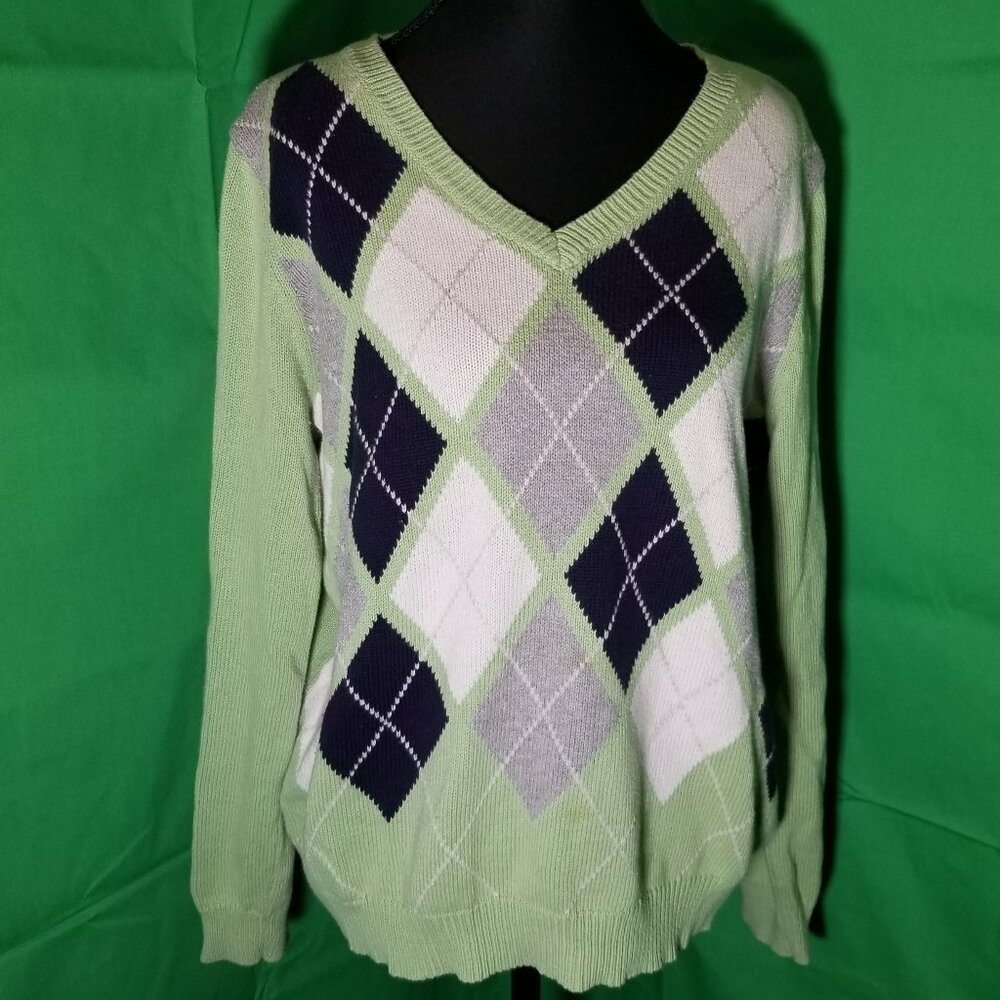 Liz Claiborne Petites Womens PXL Argyle Sweater Lime Green V-Neck Preppy